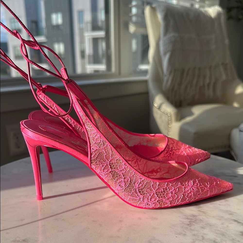 NEW Christian Louboutin Lace up Kate 85 wrap around ankle pumps neon pink 38.5